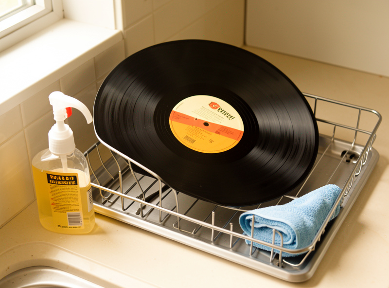 A cleaned vinyl record drying on a rack next to cleaning fluid and cloths