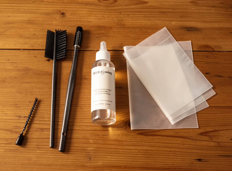 A record cleaning kit with brush, fluid and anti-static inner sleeves on a table