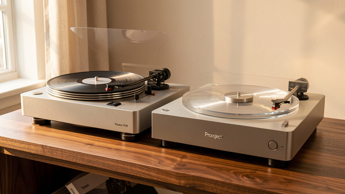 A Fluance RT85 and a Pro-Ject X1 turntable side by side on a walnut shelf