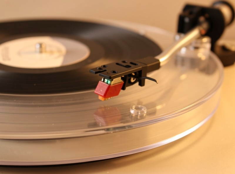 Clear acrylic turntable platter with a black record and a mounted moving-magnet cartridge on the tonearm