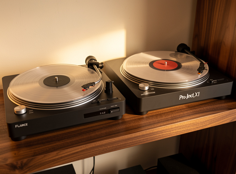Fluance RT85 and Pro-Ject X1 turntables side by side on a walnut shelf with acrylic platters catching warm light