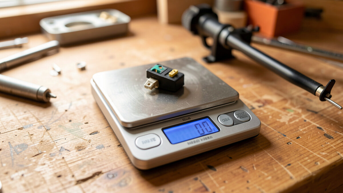 Digital jewelry scale weighing a turntable headshell and cartridge assembly beside a tonearm