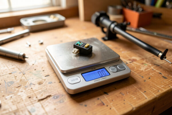 Digital jewelry scale weighing a turntable headshell and cartridge assembly beside a tonearm