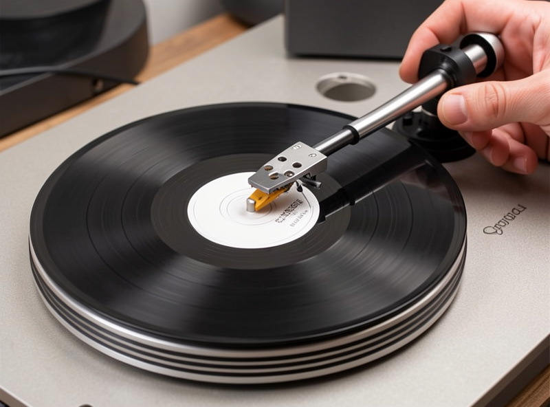 Test record spinning under a stylus with a hand near the tonearm counterweight
