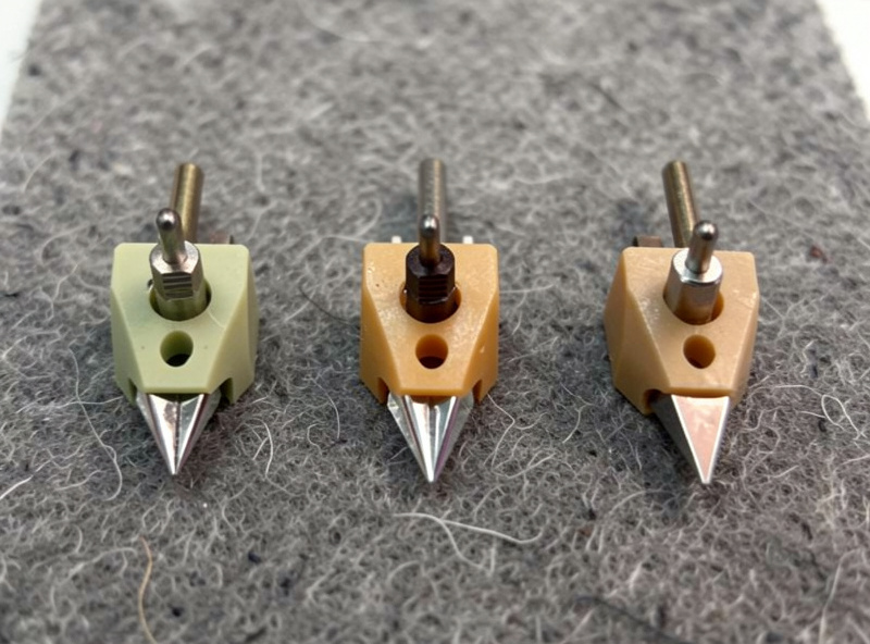 Three phono styli with different tip profiles laid out for comparison on a bench