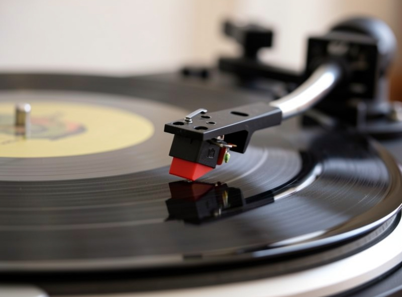 A listener cueing a vocal test record on a turntable to check for stylus sibilance