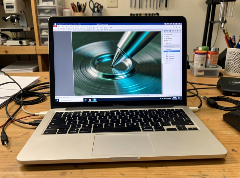 A USB digital microscope displaying a magnified turntable stylus tip on a laptop screen