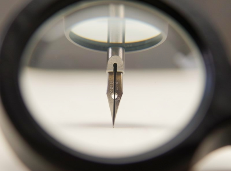 Front view of a phono cartridge cantilever being checked for straightness under a loupe