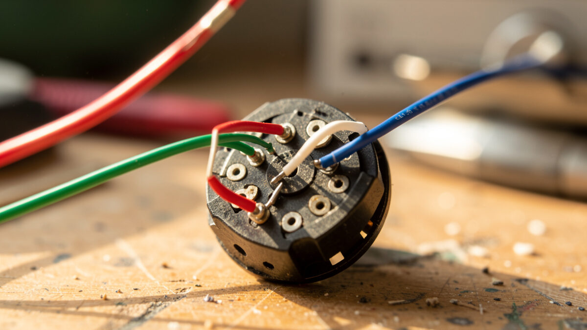 Phono cartridge with red, green, white, and blue headshell lead wires clipped to its pins