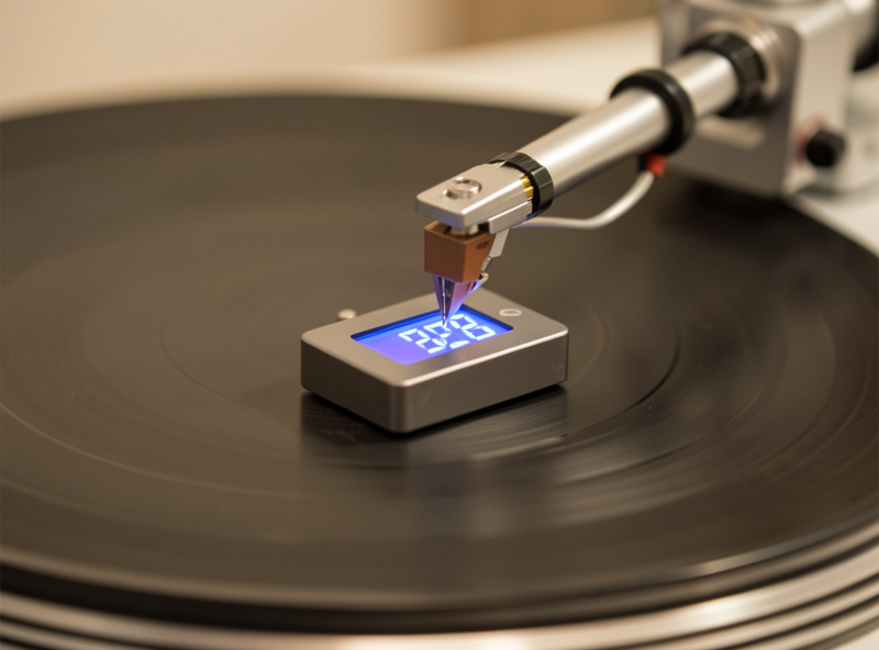 Digital stylus force gauge on a turntable platter reading tracking force under a cartridge