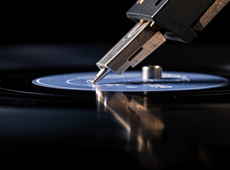Macro side view of a cartridge stylus tip above a vinyl groove with a mirror reflection used to set azimuth