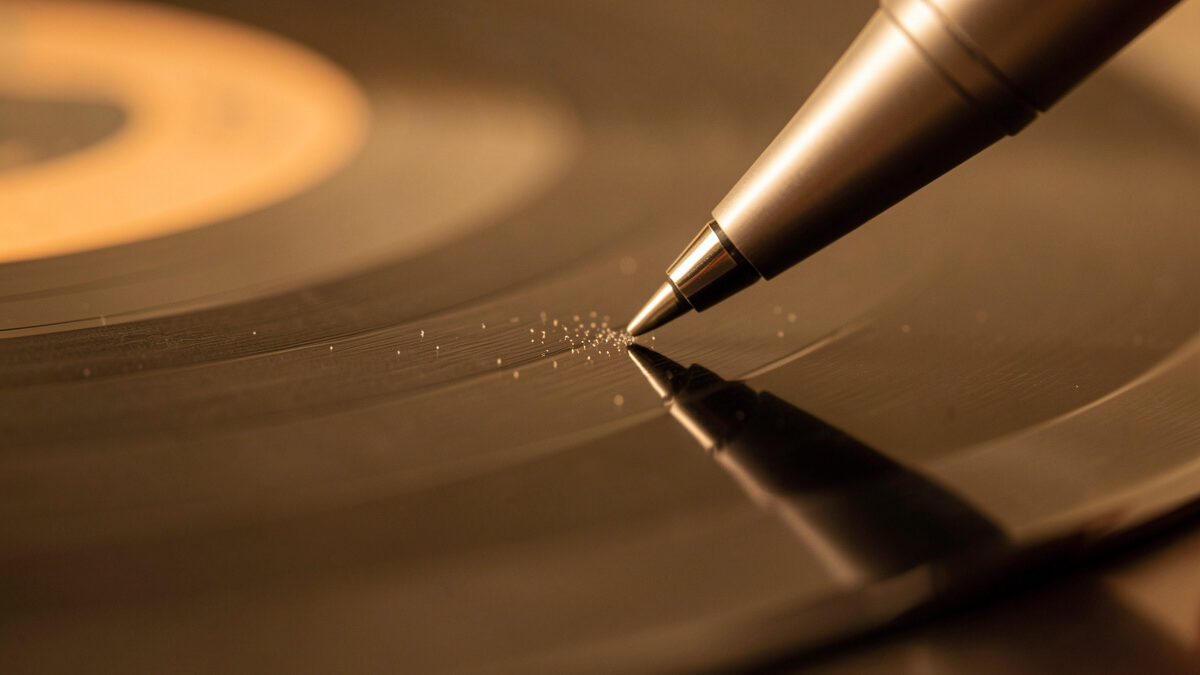 Stylus tracking a quiet run-in groove with a dust speck