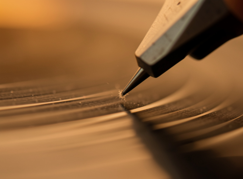 A stylus tracking the quiet run-in groove of a record with a single dust speck visible