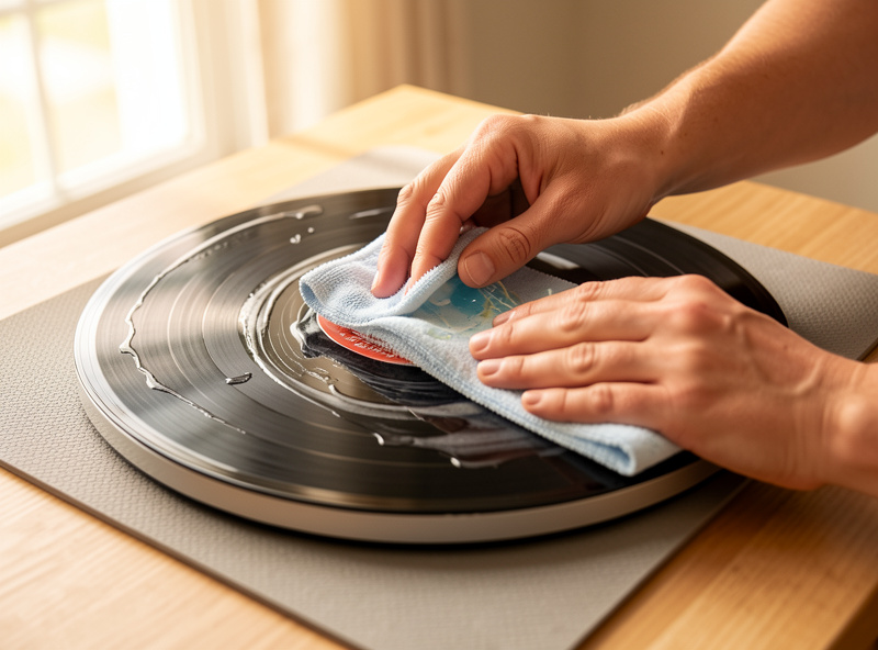 A record being wet cleaned with fluid and a lint-free cloth on a cleaning mat