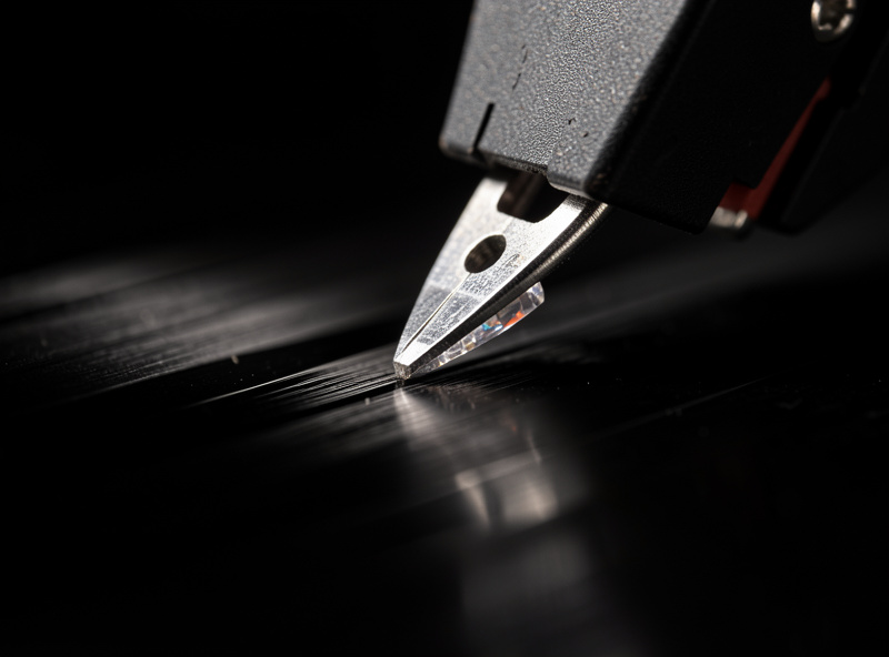 Phono cartridge stylus tracing a vinyl groove, the cantilever and diamond tip visible
