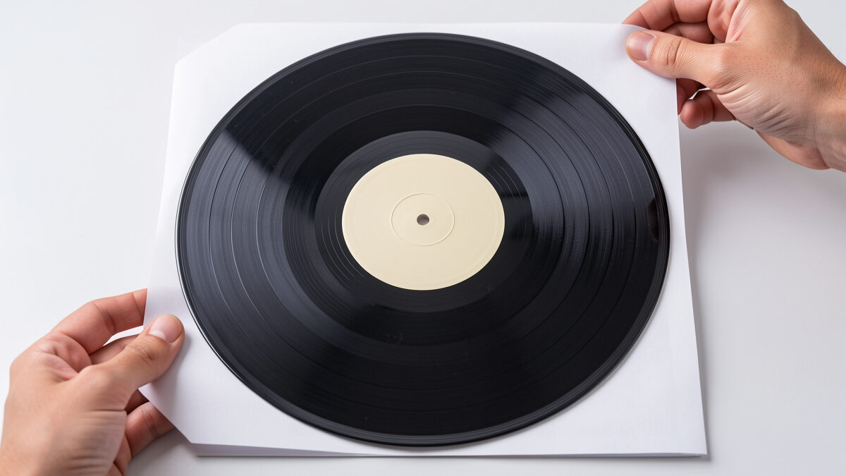 New vinyl record sliding out of its paper sleeve