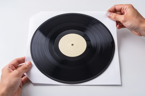 New vinyl record sliding out of its paper sleeve