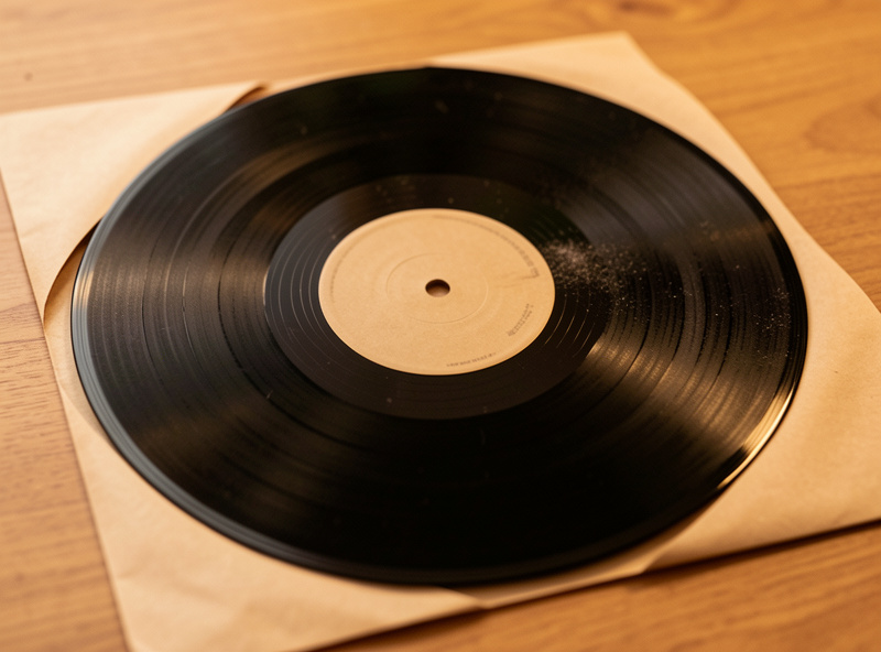 A brand new vinyl record being lifted from its paper inner sleeve