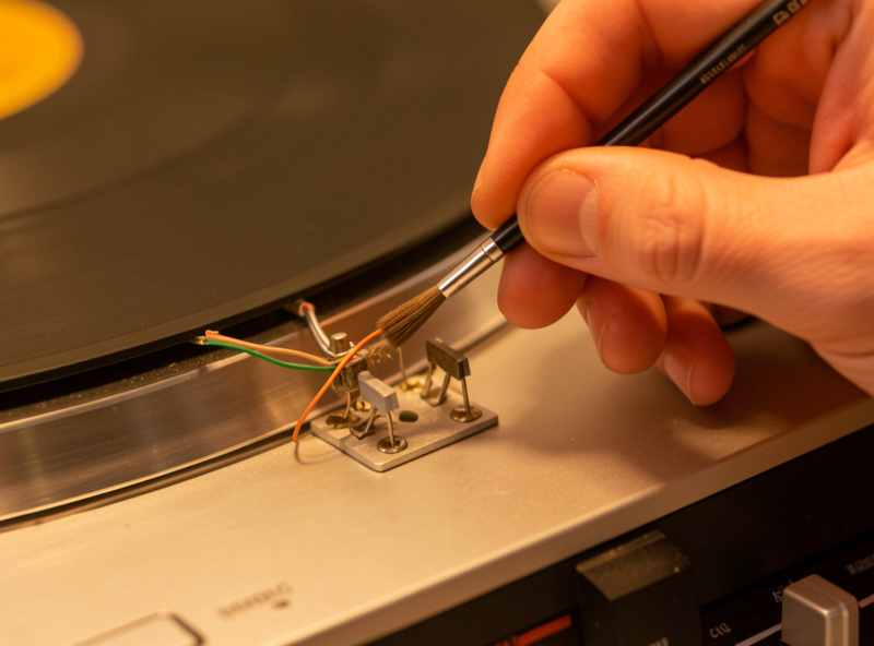 Cleaning a stylus with a small brush and checking the cartridge tags and cables