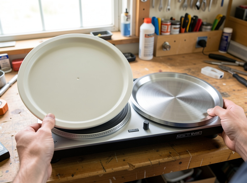 A light plastic platter lifted off a portable turntable next to a heavy aluminum platter for comparison
