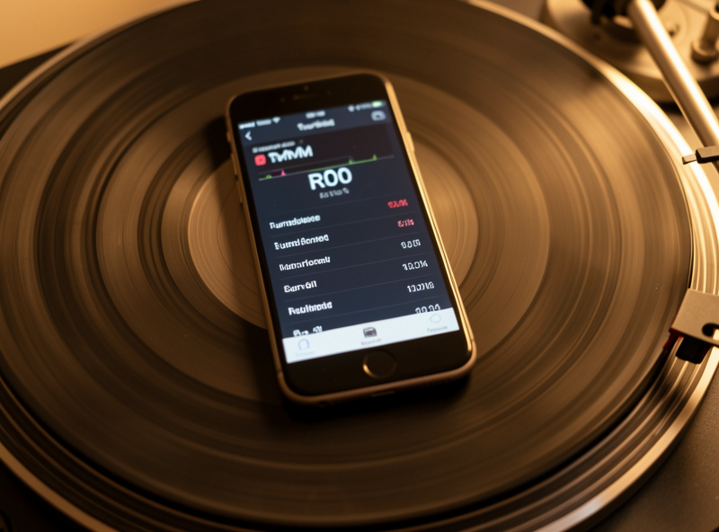 A smartphone running a turntable speed app resting on a spinning platter showing an RPM readout