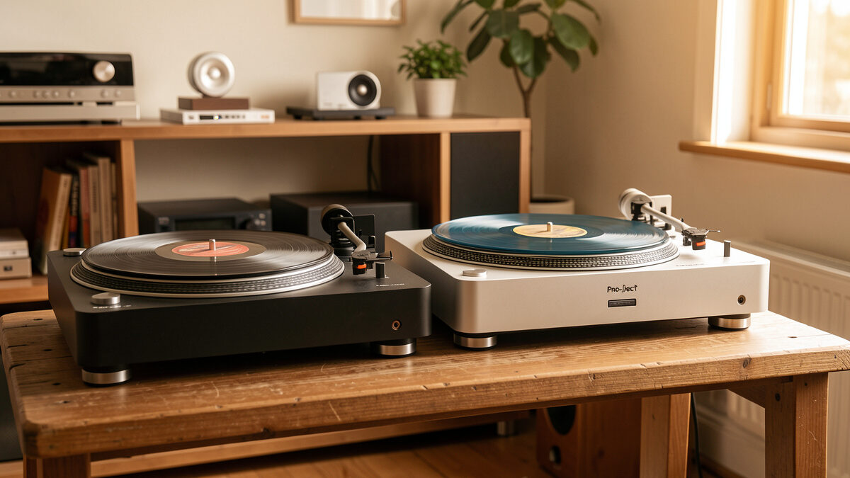 Two Pro-Ject Debut Carbon belt-drive turntables side by side on a wooden bench