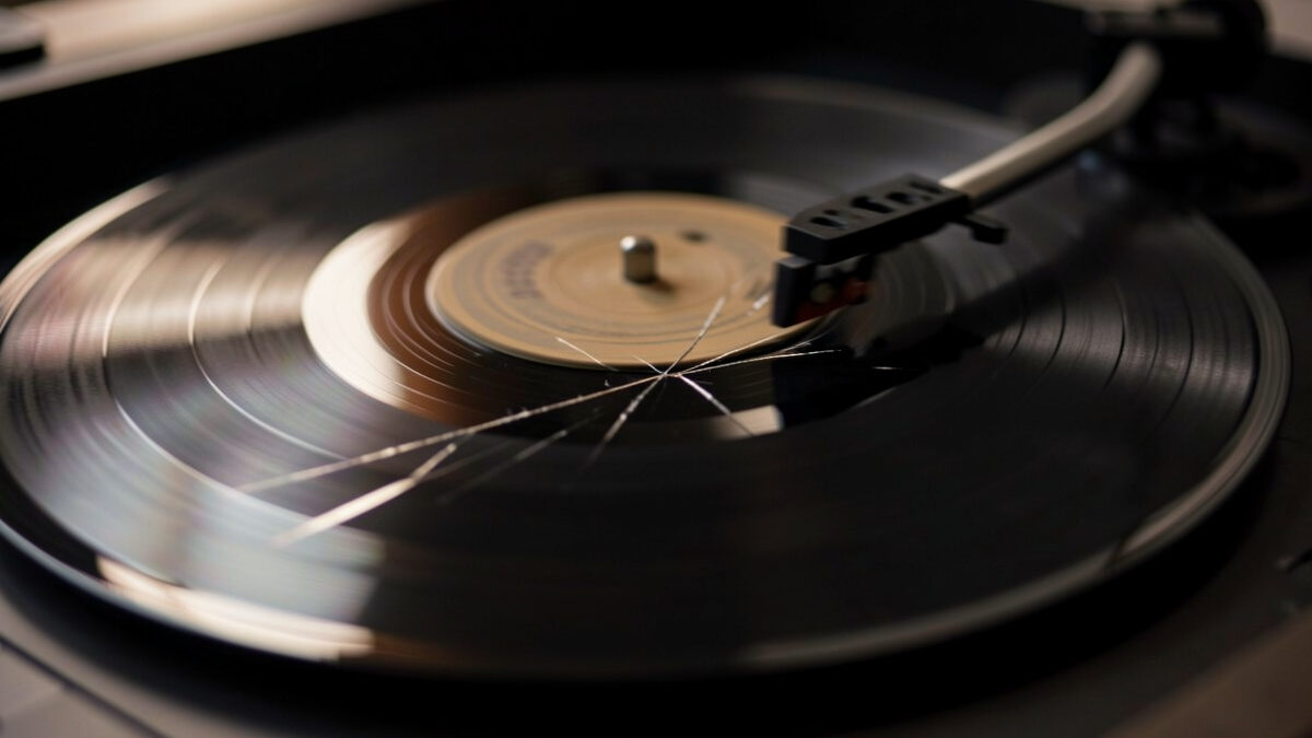 Vinyl record with a scratch that causes a skip