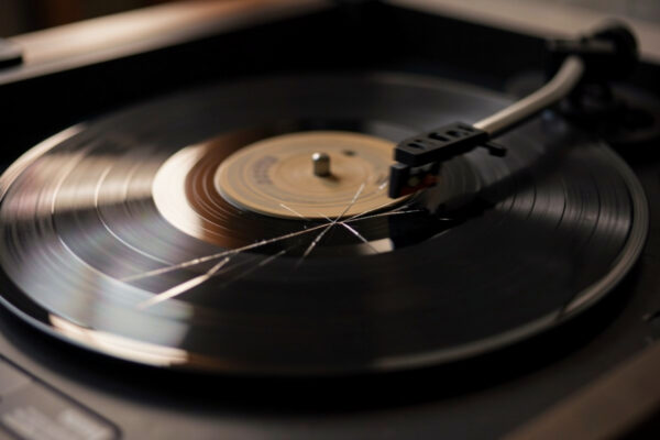 Vinyl record with a scratch that causes a skip