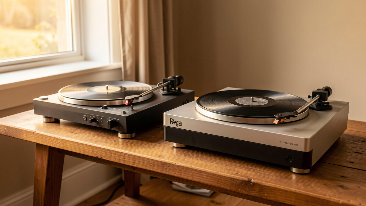 A Rega Planar 1 and a Pro-Ject Debut turntable side by side on a wooden bench
