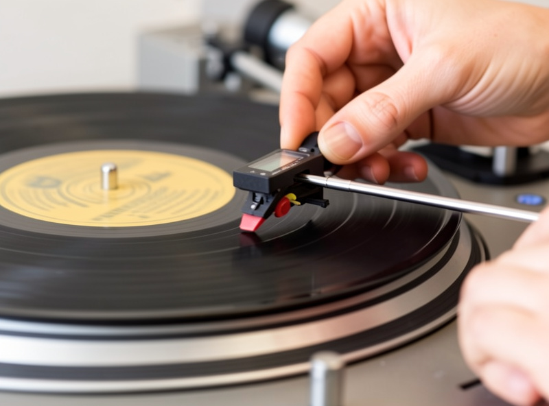 Hands setting tracking force on a turntable counterweight with a digital stylus gauge on the platter