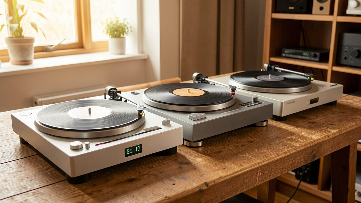 Three modern belt-drive turntables lined up on a wooden workbench in a home listening room