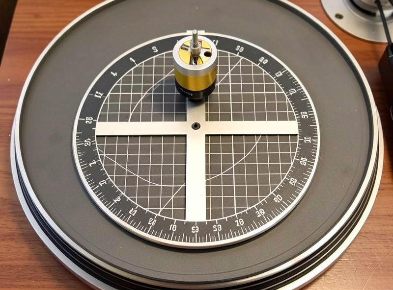 Two-point cartridge alignment protractor on a turntable platter with a mounted moving-magnet cartridge