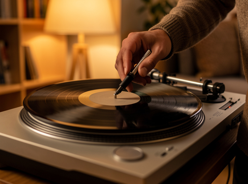 Lowering a stylus onto a spinning black record on a belt-drive turntable in a warm-lit listening room