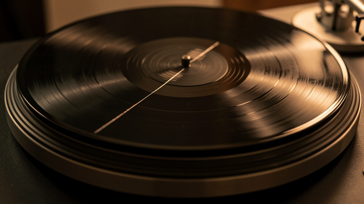 Vinyl record with a scratch catching the light on a platter
