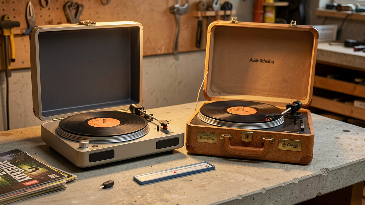 An Audio-Technica Sound Burger and a Crosley suitcase portable turntable side by side on a workbench