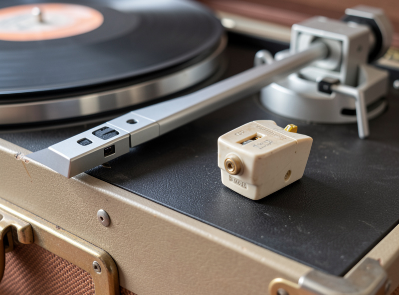 Macro close-up comparing a slim moving-magnet cartridge to a chunky ceramic cartridge on a suitcase deck