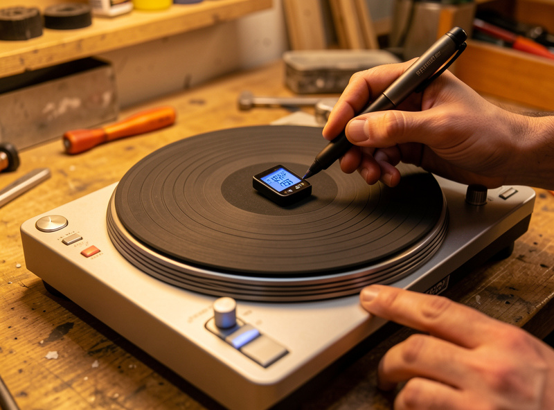 A digital stylus force gauge resting on a portable turntable platter showing a tracking force reading