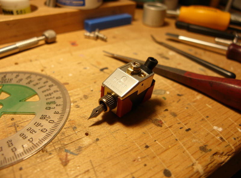A moving magnet cartridge with the slide-in stylus assembly partly removed on a workbench