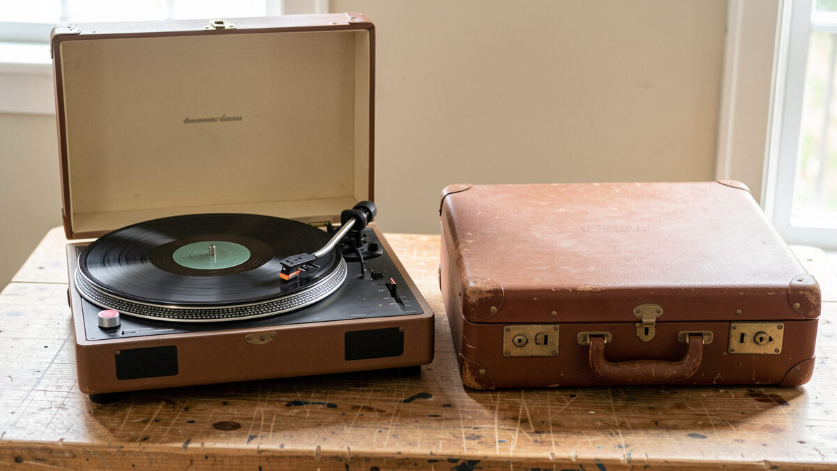 A proper turntable with adjustable tonearm beside a closed suitcase record player on a workbench