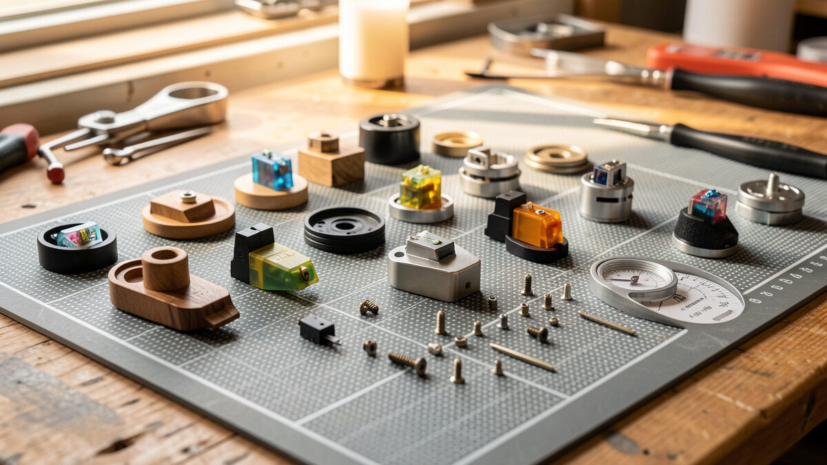 Workbench with turntable headshells, cartridges, mounting screws, and a stylus force gauge on an anti-static mat