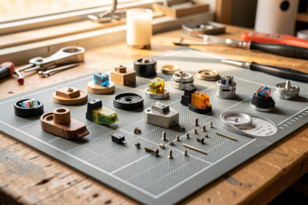 Workbench with turntable headshells, cartridges, mounting screws, and a stylus force gauge on an anti-static mat