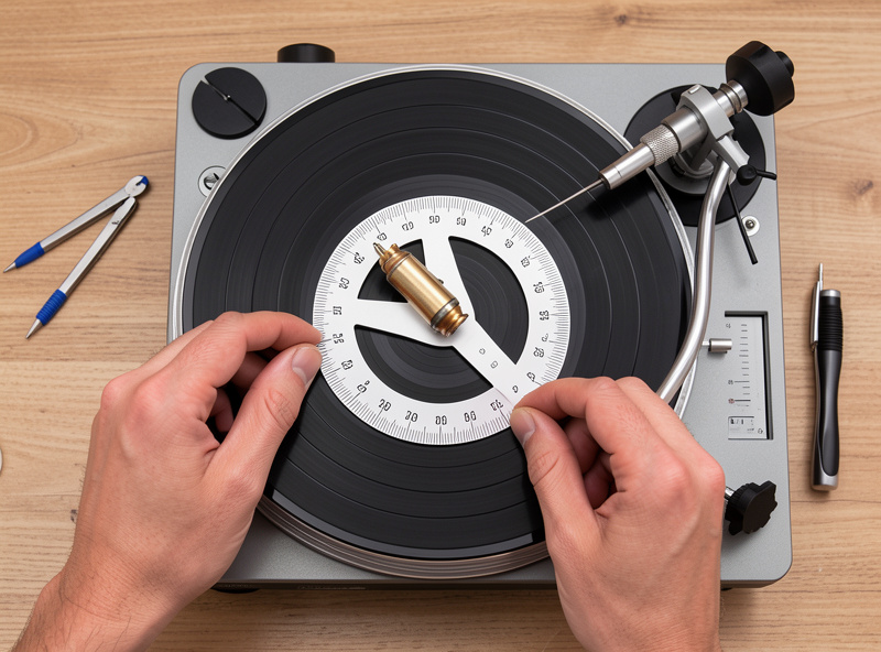Hands using a two-point alignment protractor with a mounted cartridge on a turntable platter