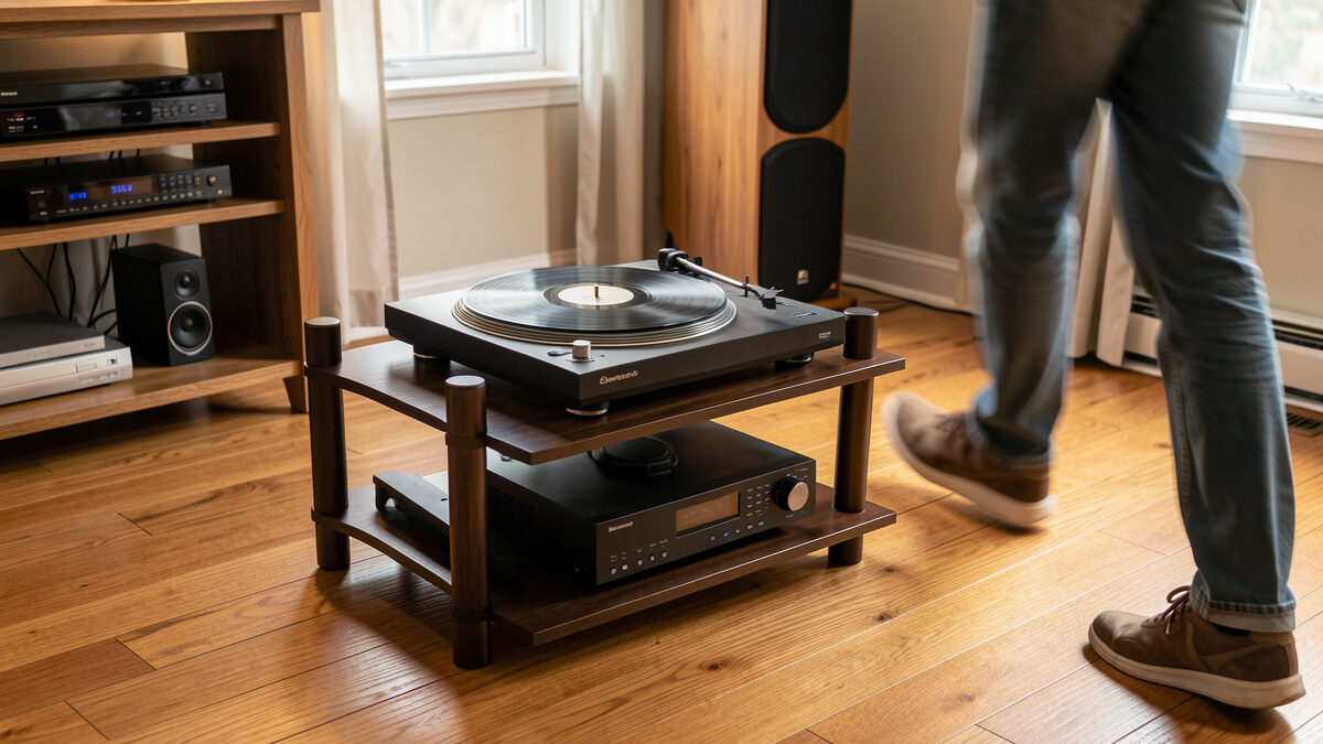 Turntable on a rack with someone walking past on a wooden floor