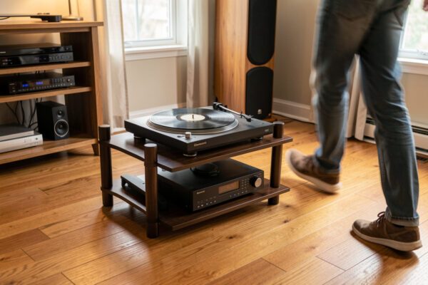 Turntable on a rack with someone walking past on a wooden floor