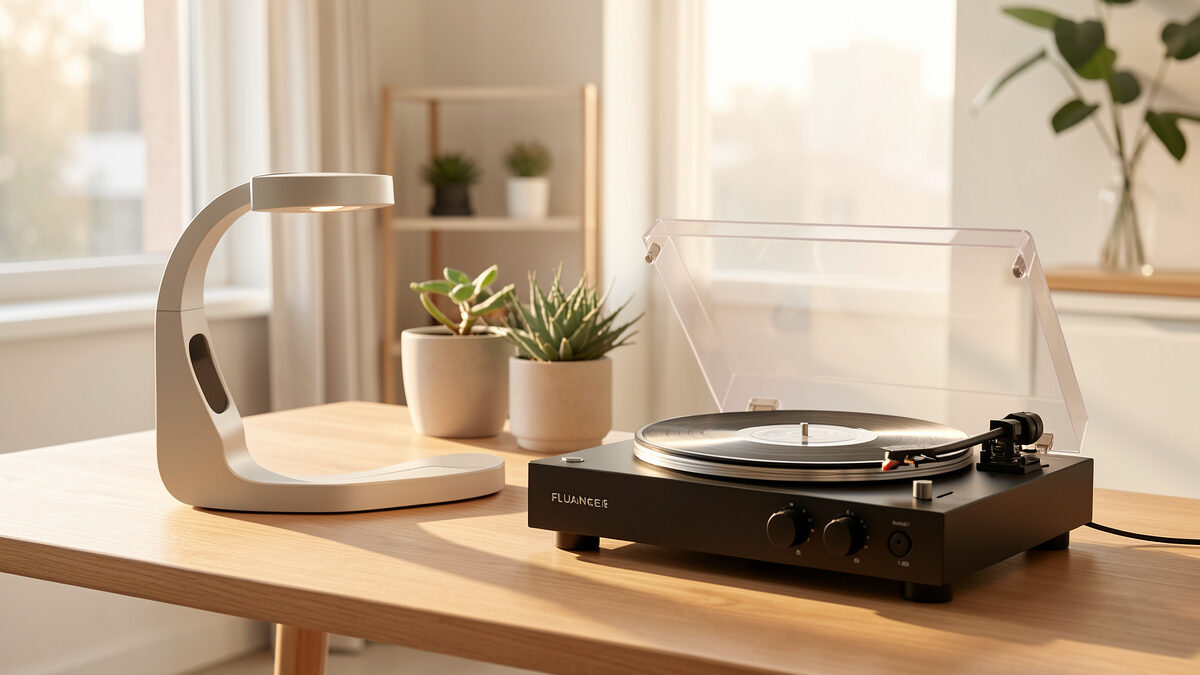 A minimalist U-Turn Orbit and a Fluance RT81 entry-level turntable side by side on a desk