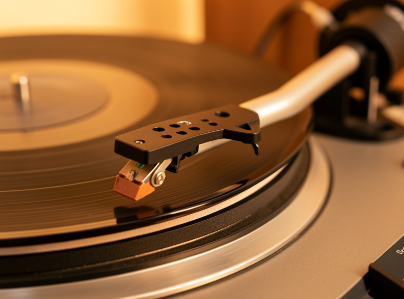 Close-up of an entry-level turntable tonearm with a moving-magnet cartridge and the belt on the sub-platter