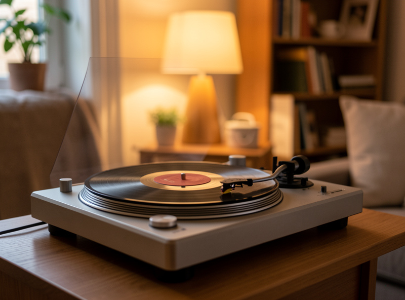 A first-time vinyl listener placing a record on an affordable belt-drive turntable in a cozy apartment