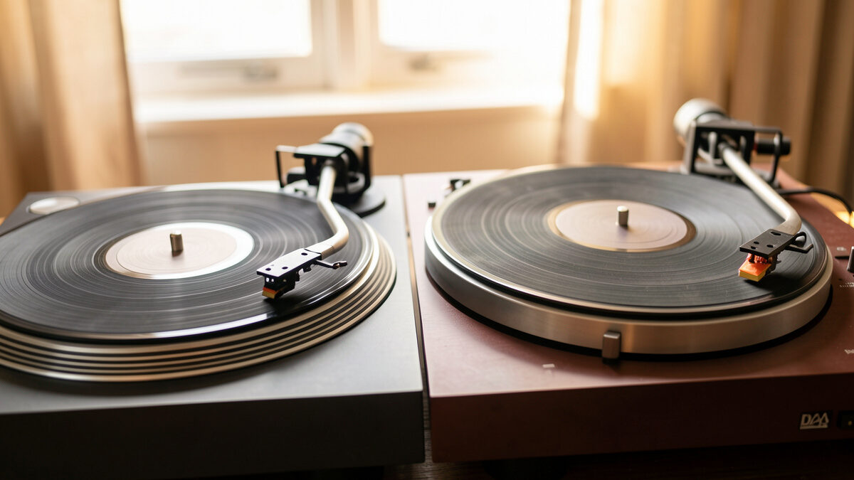 A turntable with a removable S-shaped bayonet headshell beside one with a fixed integrated Rega-style arm