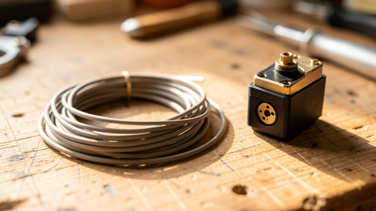 A premium set of headshell lead wires coiled beside a stock set next to a cartridge and headshell