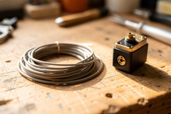 A premium set of headshell lead wires coiled beside a stock set next to a cartridge and headshell